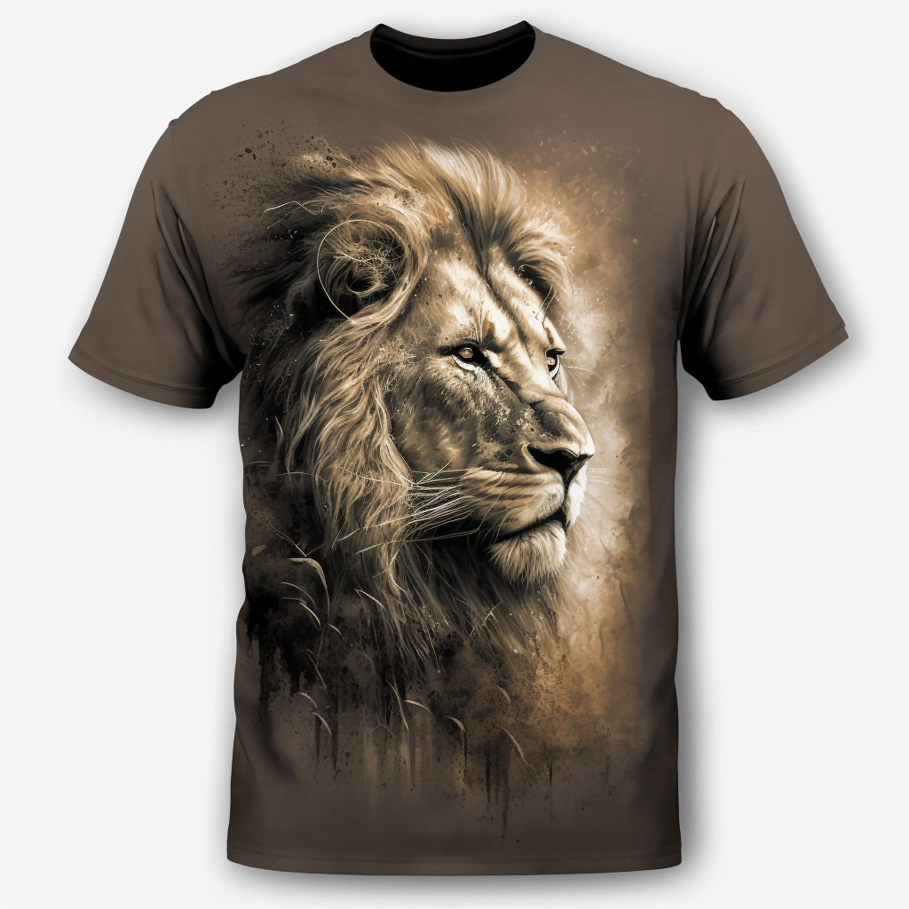 Das T-Shirt ist Braun und hat ein großes, realistisches Löwengesicht auf der Vorderseite aufgedruckt. Das Gesicht des Löwen nimmt fast die gesamte Fläche des T-Shirts ein und ist in einem kontrastreichen Braun- und Orangeton gehalten. Die Augen des Löwen sind scharf und durchdringend, was dem Design eine gewisse Intensität verleiht. Der Aufdruck ist sehr detailliert und vermittelt den Eindruck, als würde der Löwe direkt aus dem T-Shirt herausspringen. Das Design eignet sich perfekt für Tierliebhaber oder Menschen, die eine Vorliebe für wilde Tiere und Abenteuer haben.