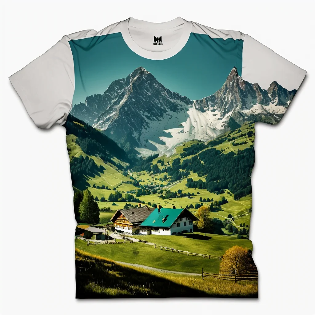 Das T-Shirt zeigt ein wunderschönes Foto der Schweizer Natur in all ihrer Pracht. Im Vordergrund erstreckt sich ein dichter, grüner Wald mit hohen Bäumen und einem weichen Moosboden. Im Hintergrund sind majestätische Berggipfel zu sehen, die sich in den blauen Himmel erheben. Die Sonne scheint auf das idyllische Tal und taucht alles in warmes, goldenes Licht. Das Bild ist in einem natürlichen und realistischen Stil gehalten und fängt die Schönheit und Ruhe der Schweizer Natur perfekt ein. Der Druck ist hochwertig und zeigt klare Details und lebendige Farben. Das T-Shirt selbst ist aus weichem und atmungsaktivem Material gefertigt und bietet einen bequemen und angenehmen Tragekomfort. Es ist das perfekte Kleidungsstück für einen Tag in der Natur oder als Andenken an eine unvergessliche Reise in die Schweiz.