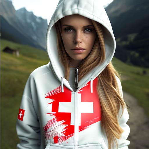 Die Frau trägt einen weißen Zipped Hoodie mit einem großen roten Schweizer Kreuz auf der Brust. Der Hoodie hat einen durchgehenden Reißverschluss und Kapuze. Die Frau sieht sportlich und bequem gekleidet aus.