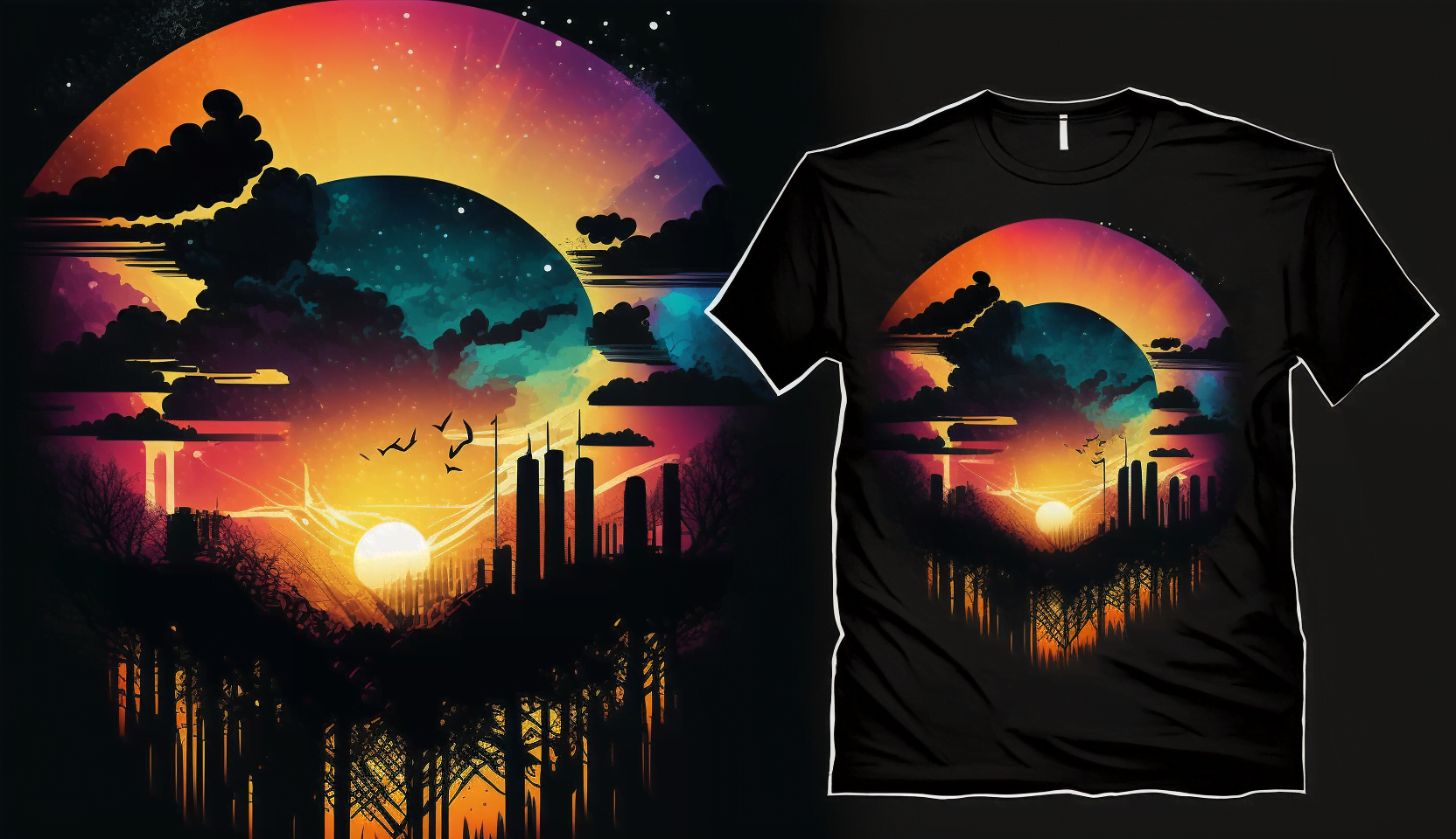 Textil-Design T-Shirt mit Mond und Skyline