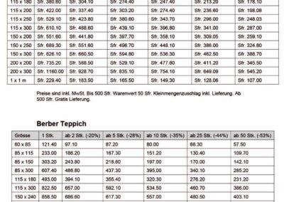 Teppich Preisliste Klassisch und Berber